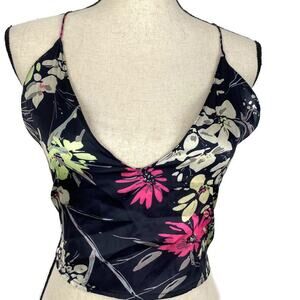 Nameless Silky Camisole Top Black Floral Tie Back Cropped Strappy Womens Sz Sm